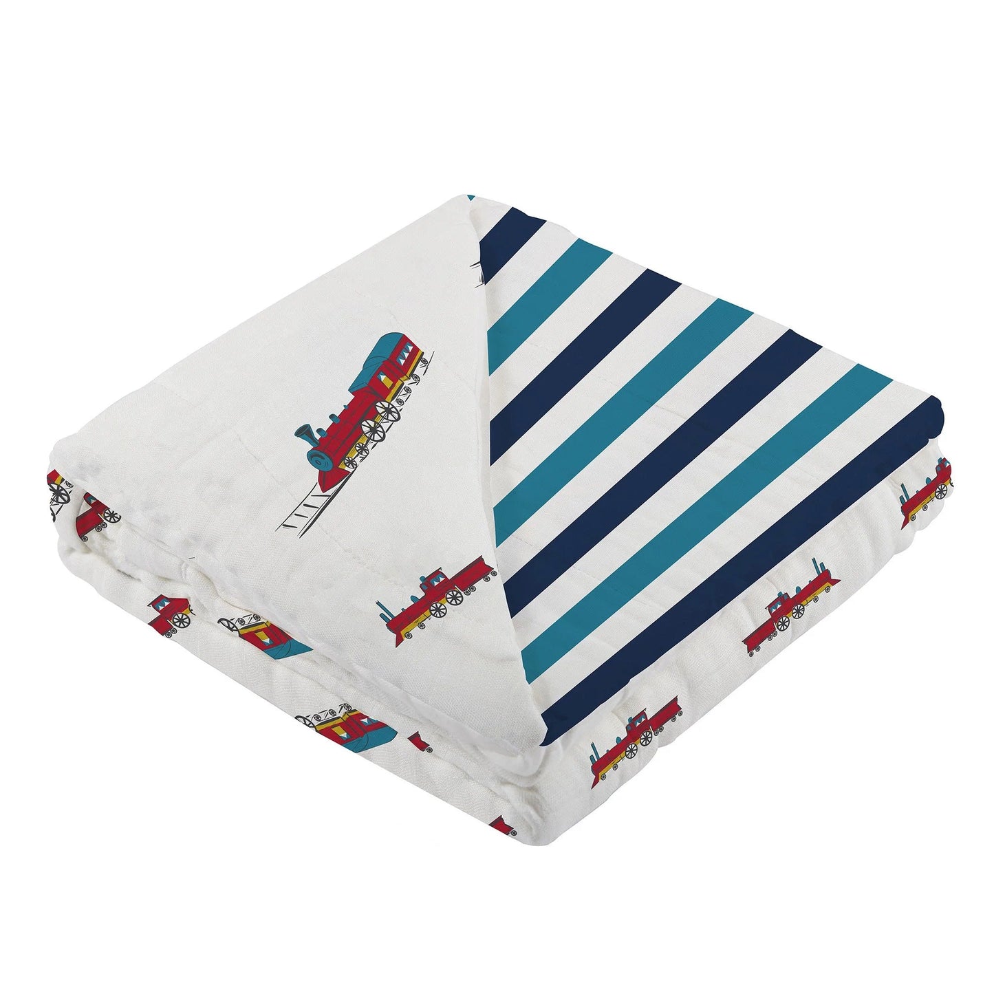 Vintage Steam Trains and Blue Stripe Bamboo Muslin Newcastle Blanket